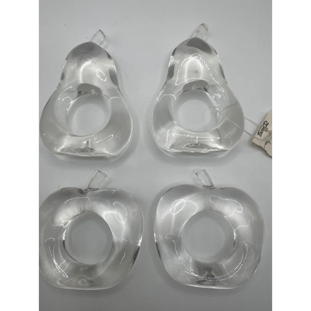 Vintage Three D Clear Acrylic Fruit Napkin Rings Set of 4 Apple Pear Lucite